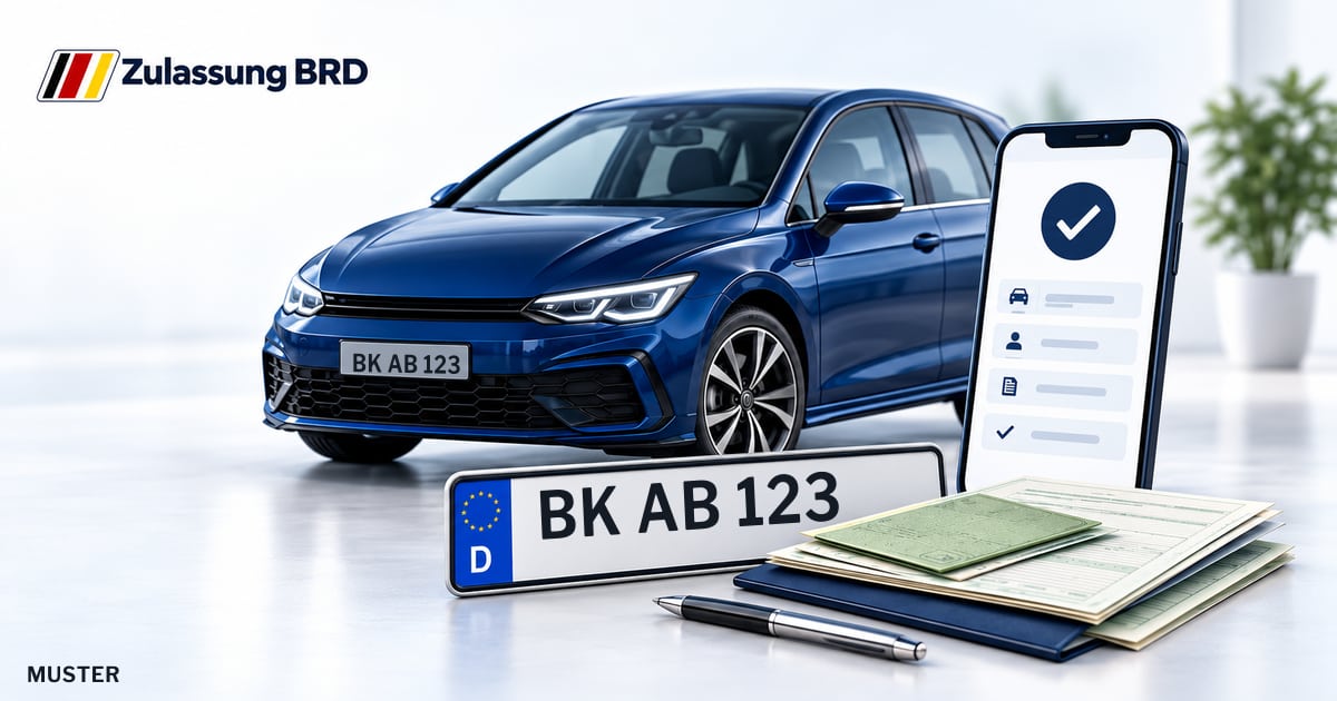 Online Fahrzeugzulassung in Backnang: Musterkennzeichen BK AB 123, Auto und Fahrzeugpapiere und Smartphone. Illustration mit Logo von Zulassung BRD.